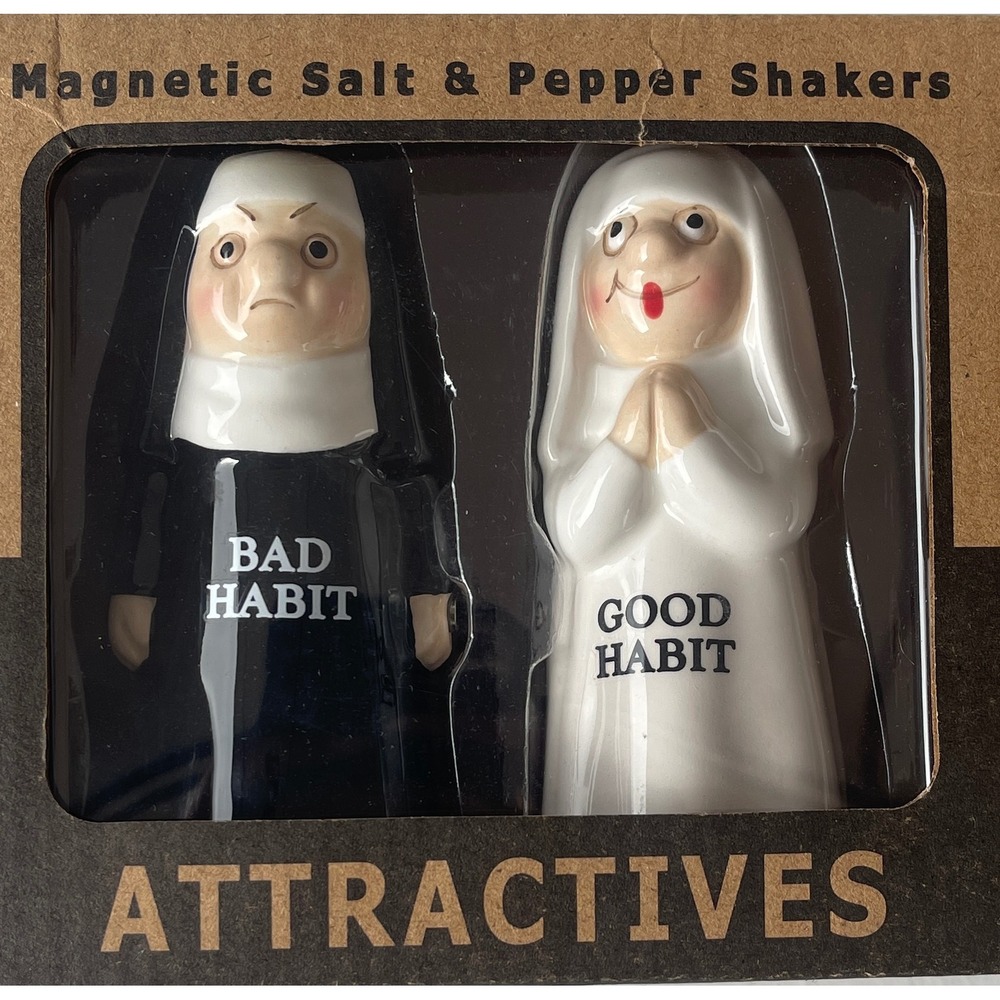 Attractives Good Habit Bad Habit Nun Magnetic Salt and Pepper Shakers Set 8357